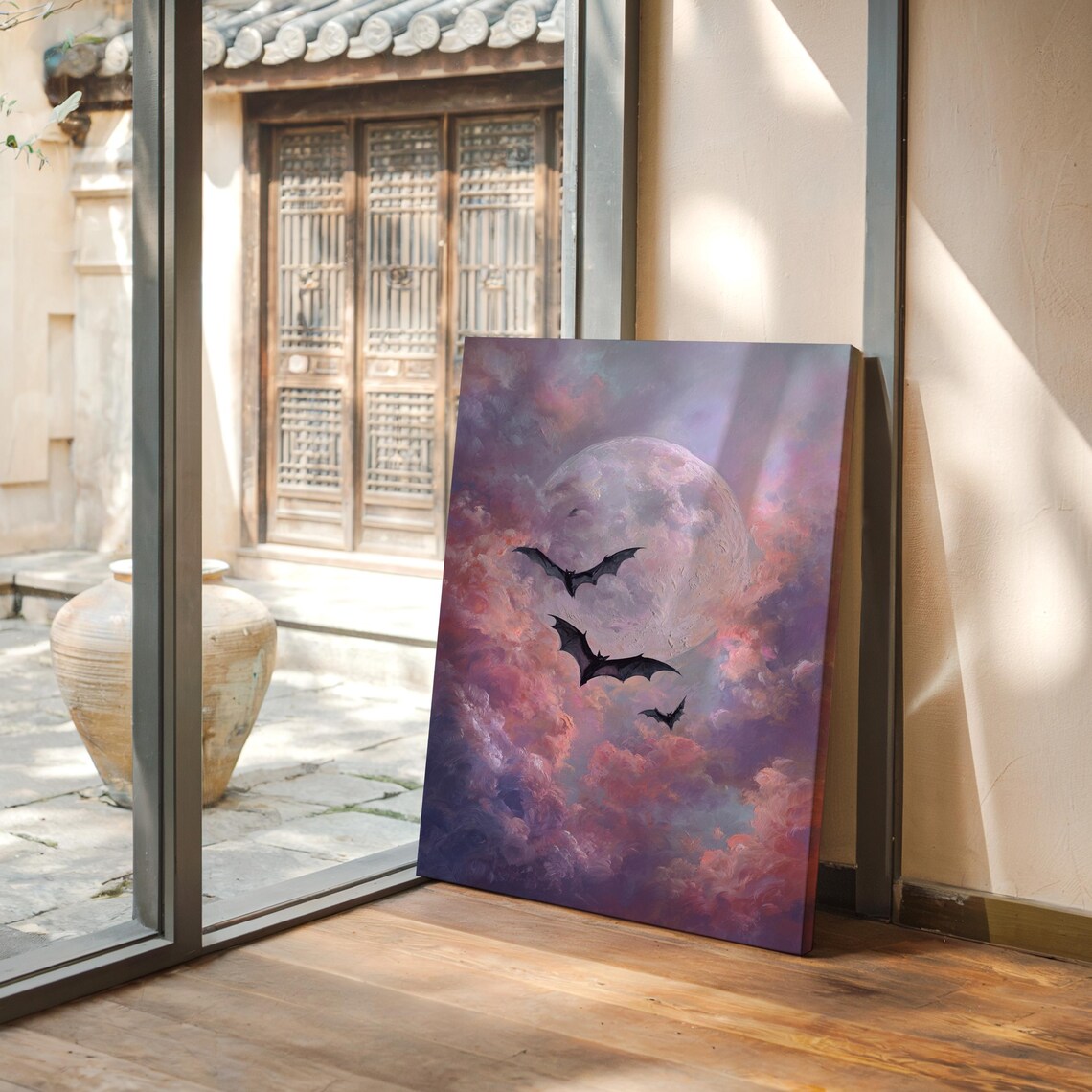 Bats Flying Full Moon Pastel Twilight Sky Halloween Art Poster