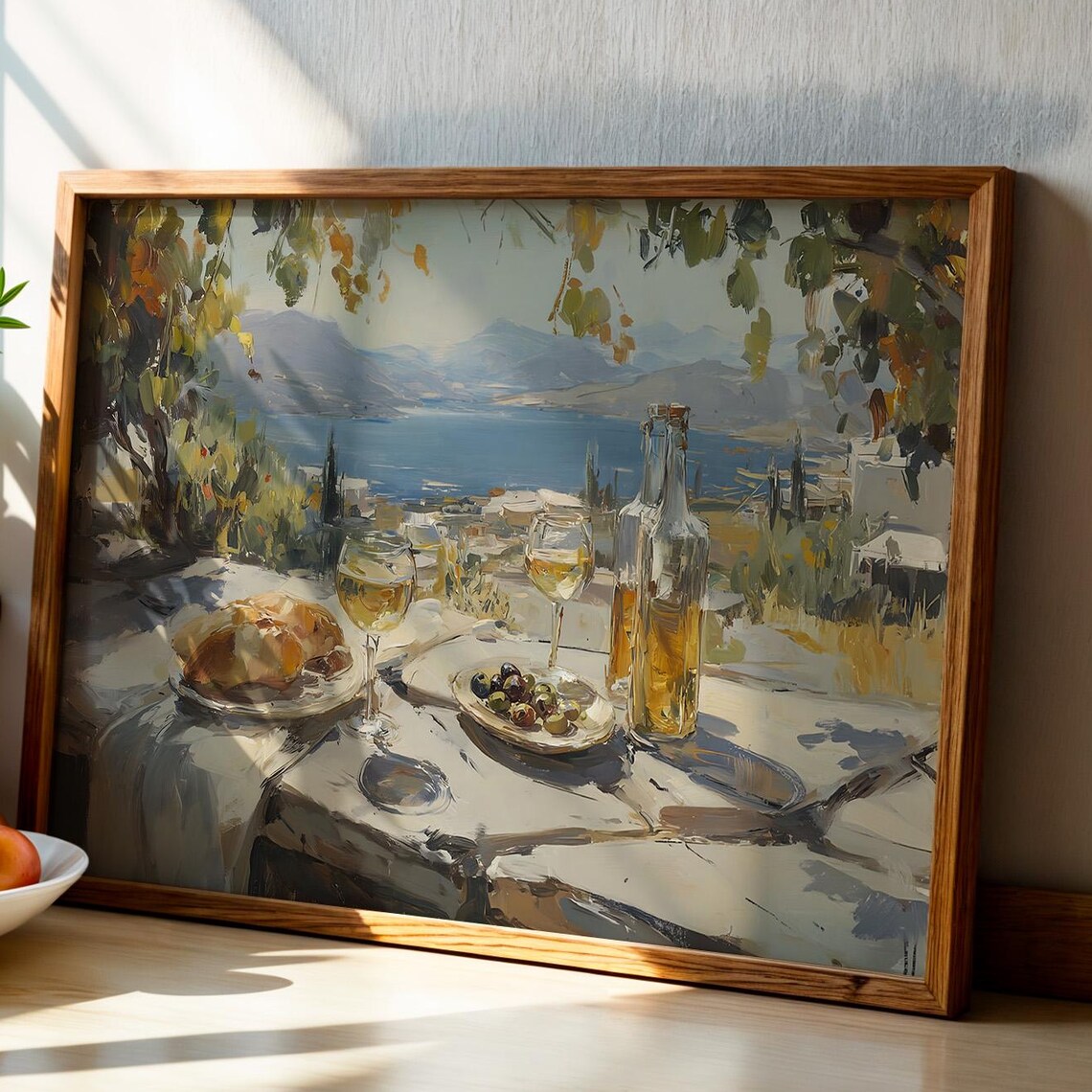 Mediterranean Terrace Lunch Wine Olives Sea View Painting Poster