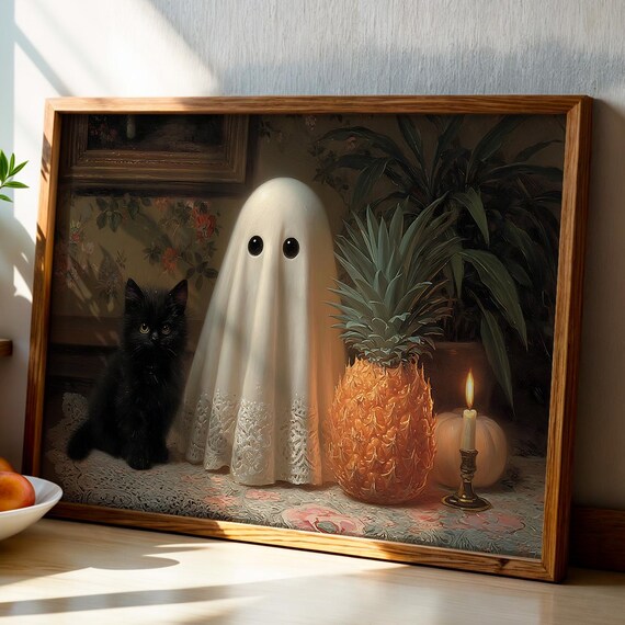 Vintage Girly Halloween Wall Art Spooky Cute Black Kitten Cozy Indoor Pineapple Decoration Retro