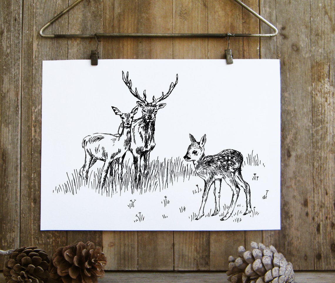 Black and White Deer Family Stag Doe Fawn Ink Sketch Art Poster - Image 2