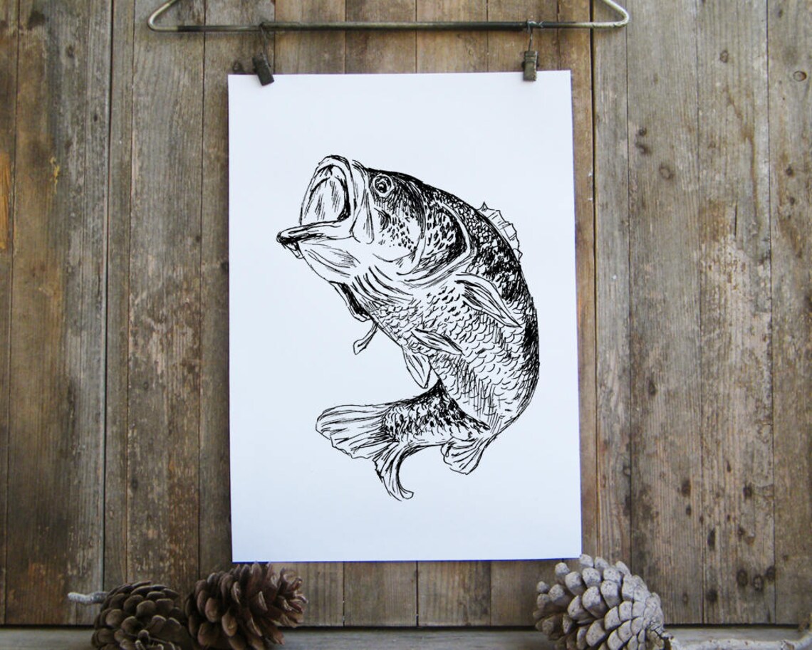 Bass Fish Black And White Art Print - Image 3