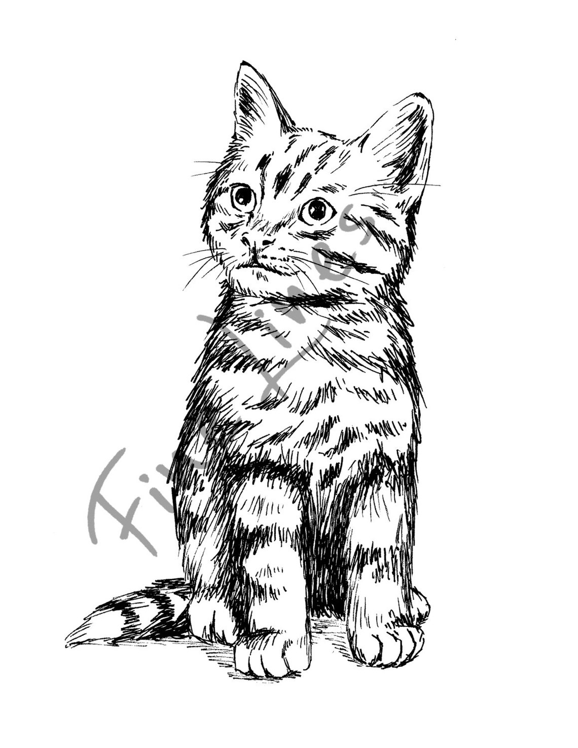 Cute Kitten Ink Drawing Black and White Cat Nursery Art Poster - Image 2