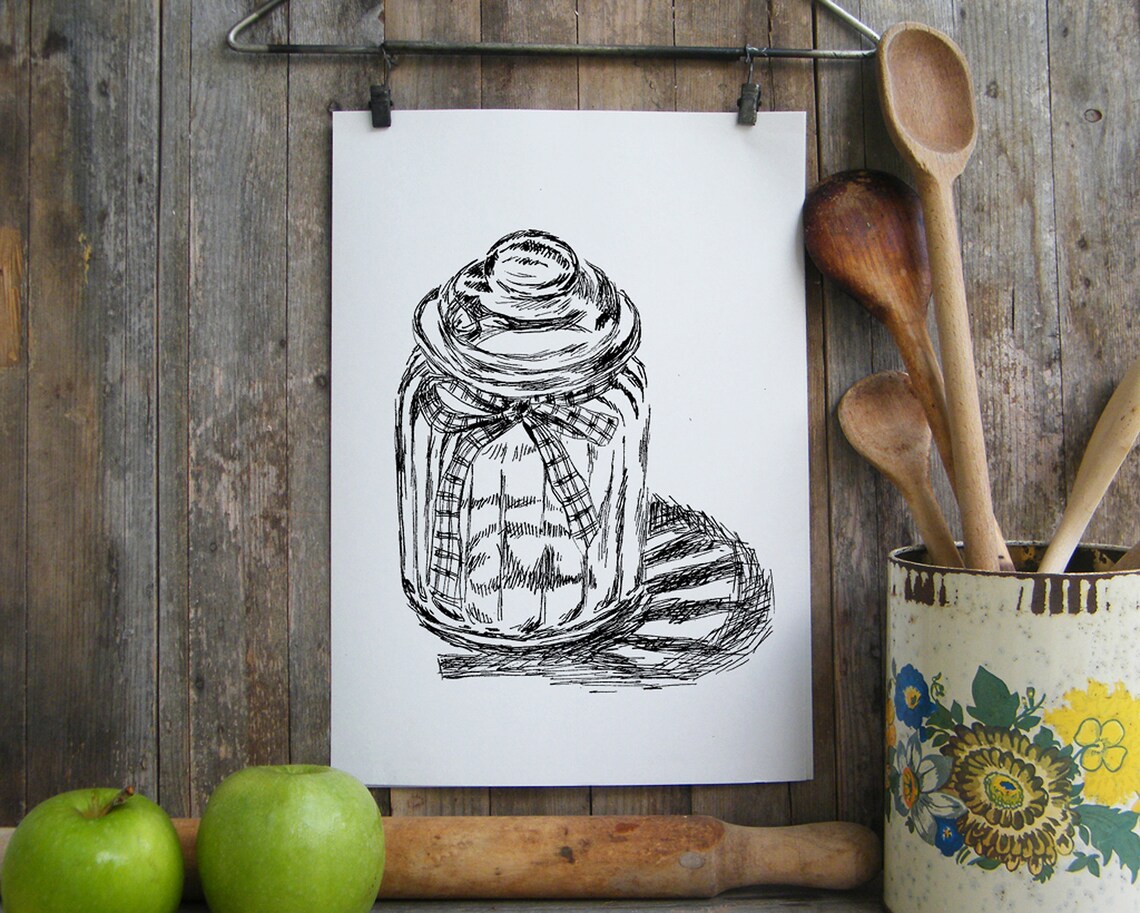 Mason Jar with Ribbon Ink Sketch Poster Rustic Farmhouse Kitchen Decor - Image 3