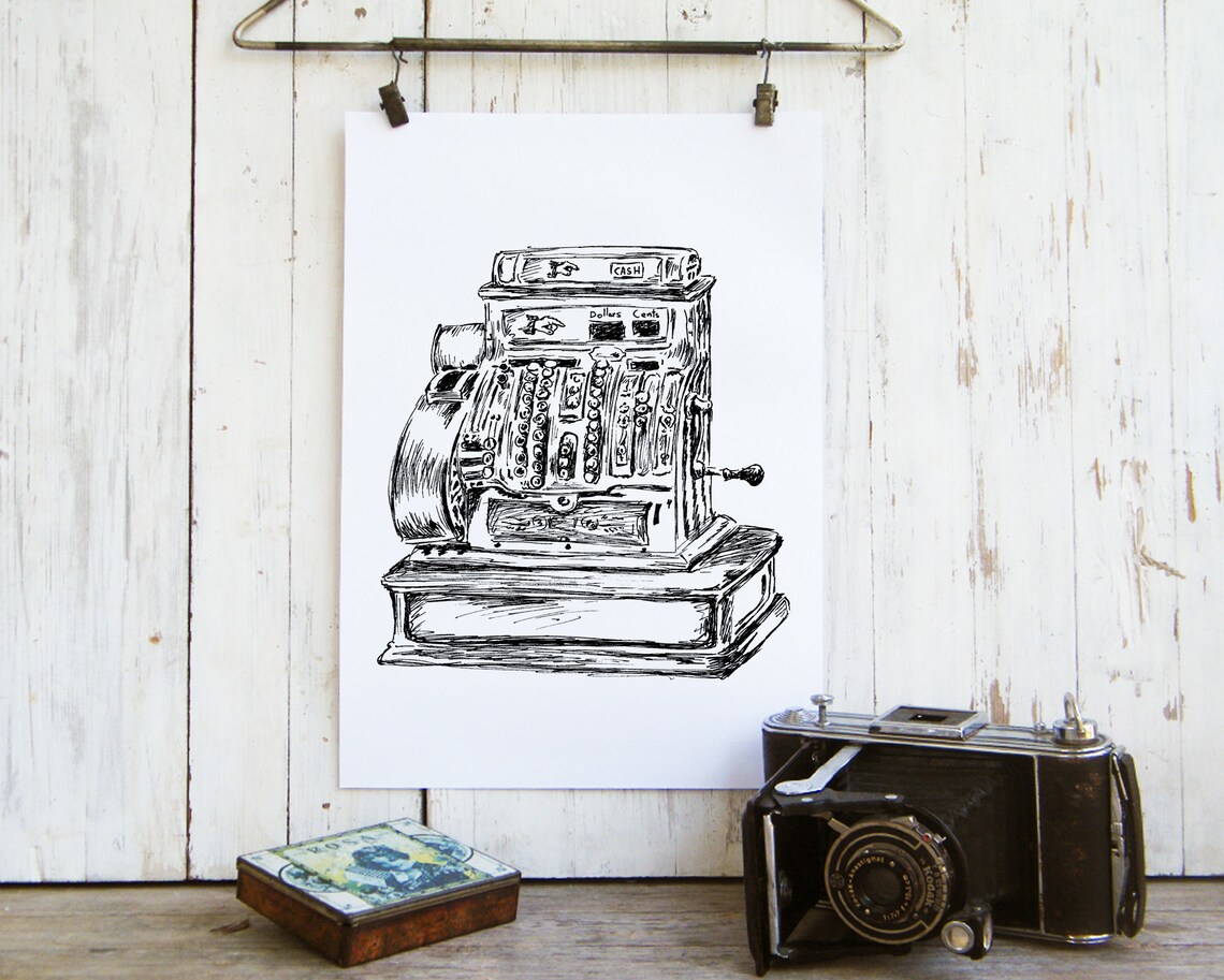 Vintage Cash Register Pen Sketch Antique Shop Counter Art Poster - Image 3