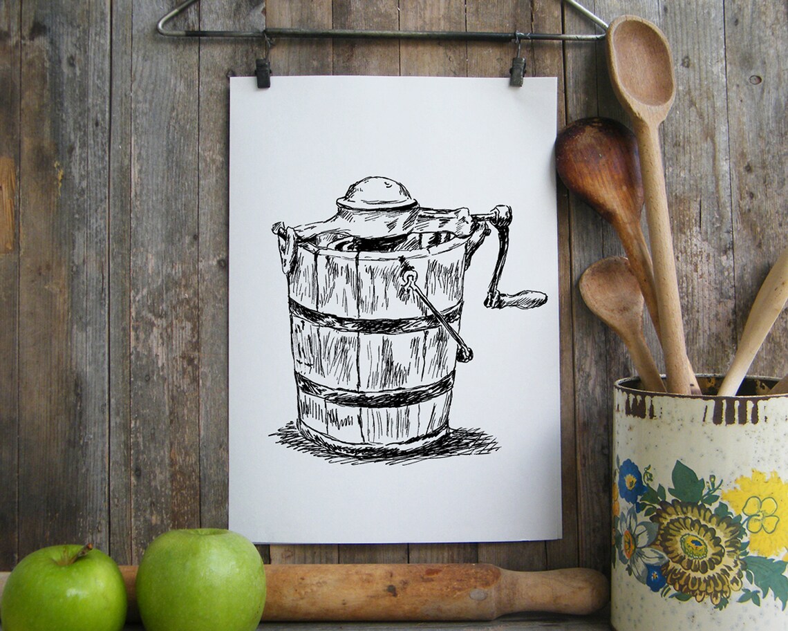 Vintage Ice Cream Churn Ink Sketch Rustic Kitchen Farmhouse Poster - Image 3