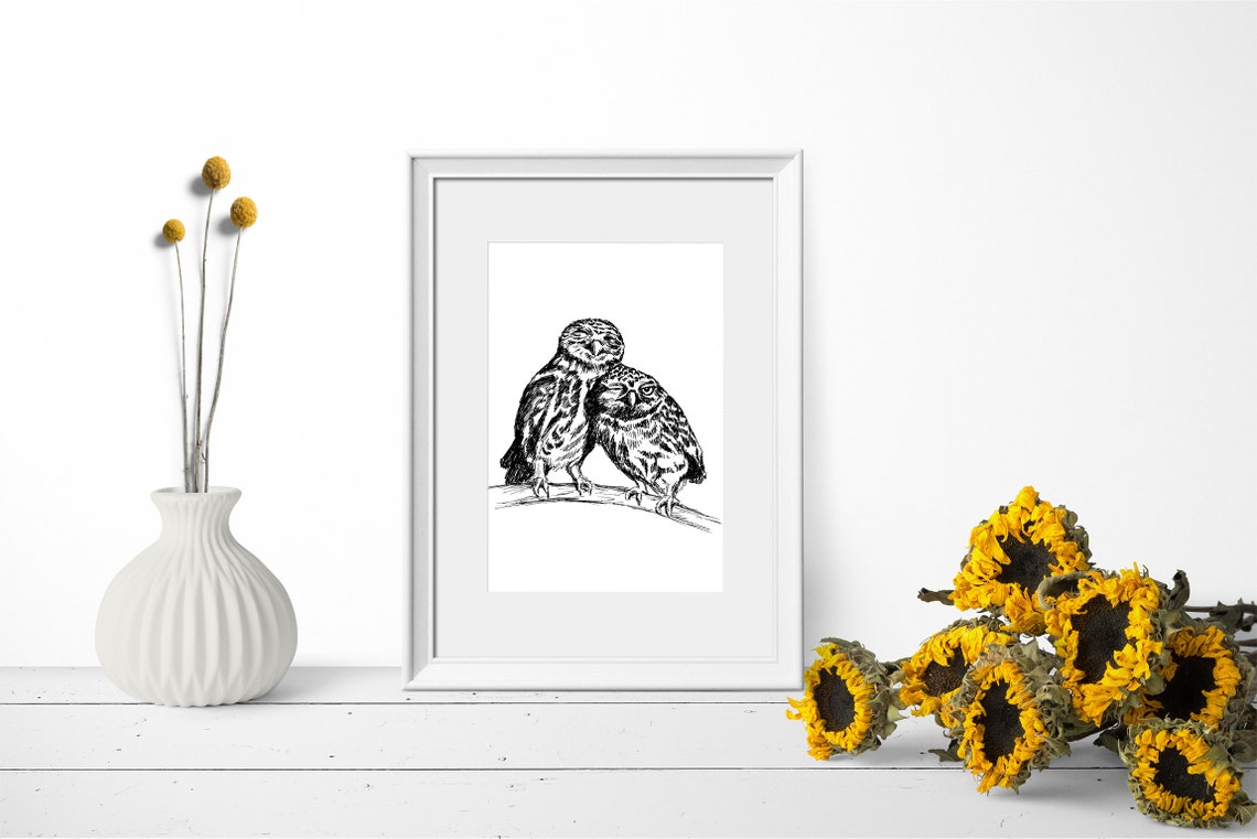 Two Owls Ink Drawing Black and White Birds Minimalist Wall Poster