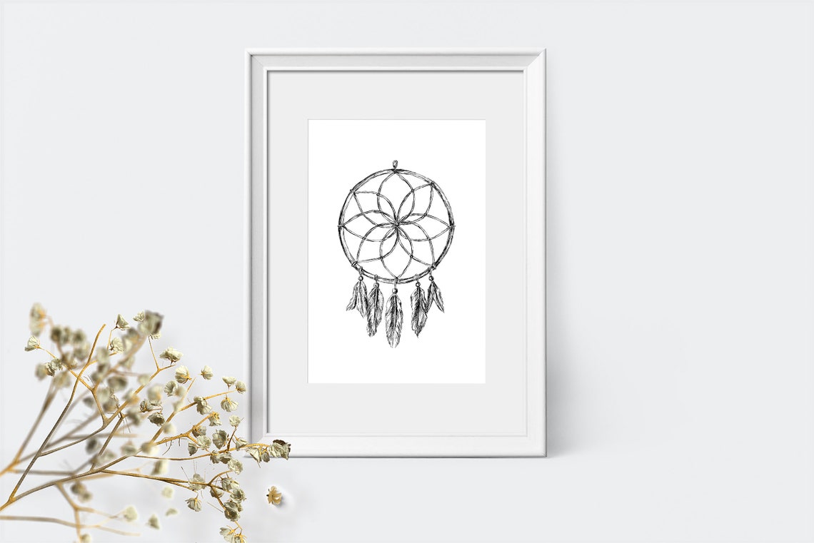 Minimalist Dreamcatcher Line Drawing Feather Design Wall Art