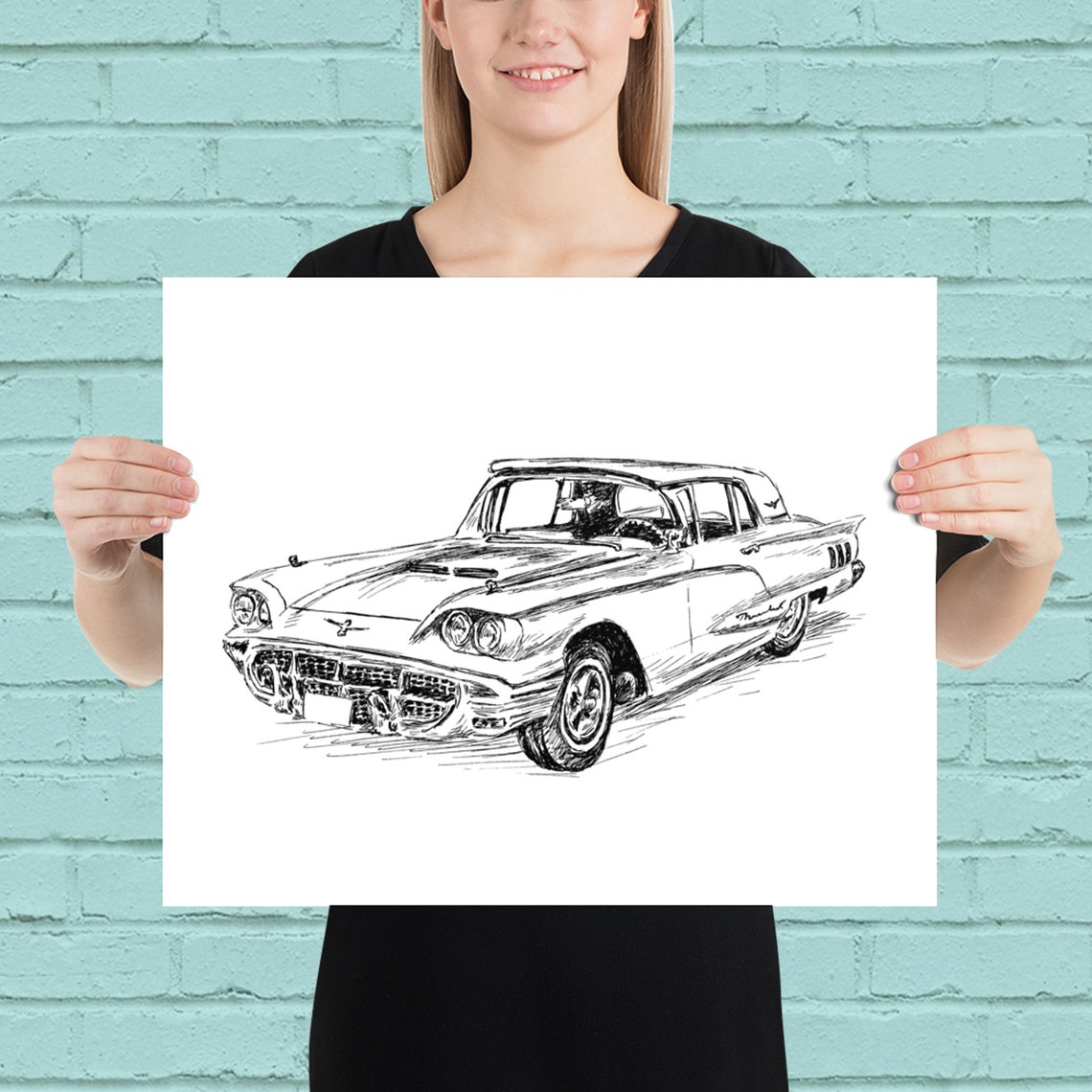 Ford Thunderbird Classic Car Ink Sketch Vintage Auto Line Print - Image 2