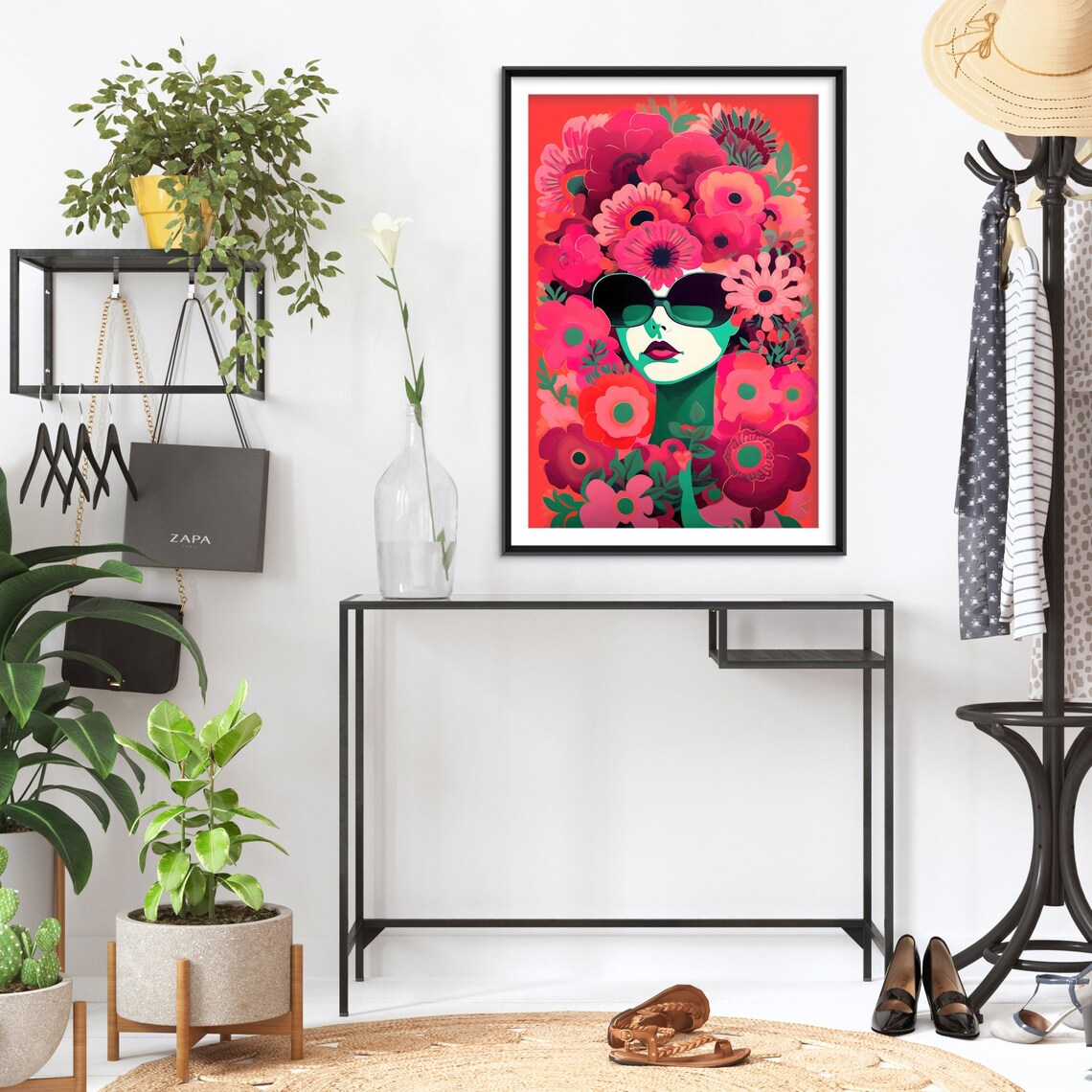 Pop Art Woman Face in Pink Flowers Sunglasses Bold Floral Poster - Image 2