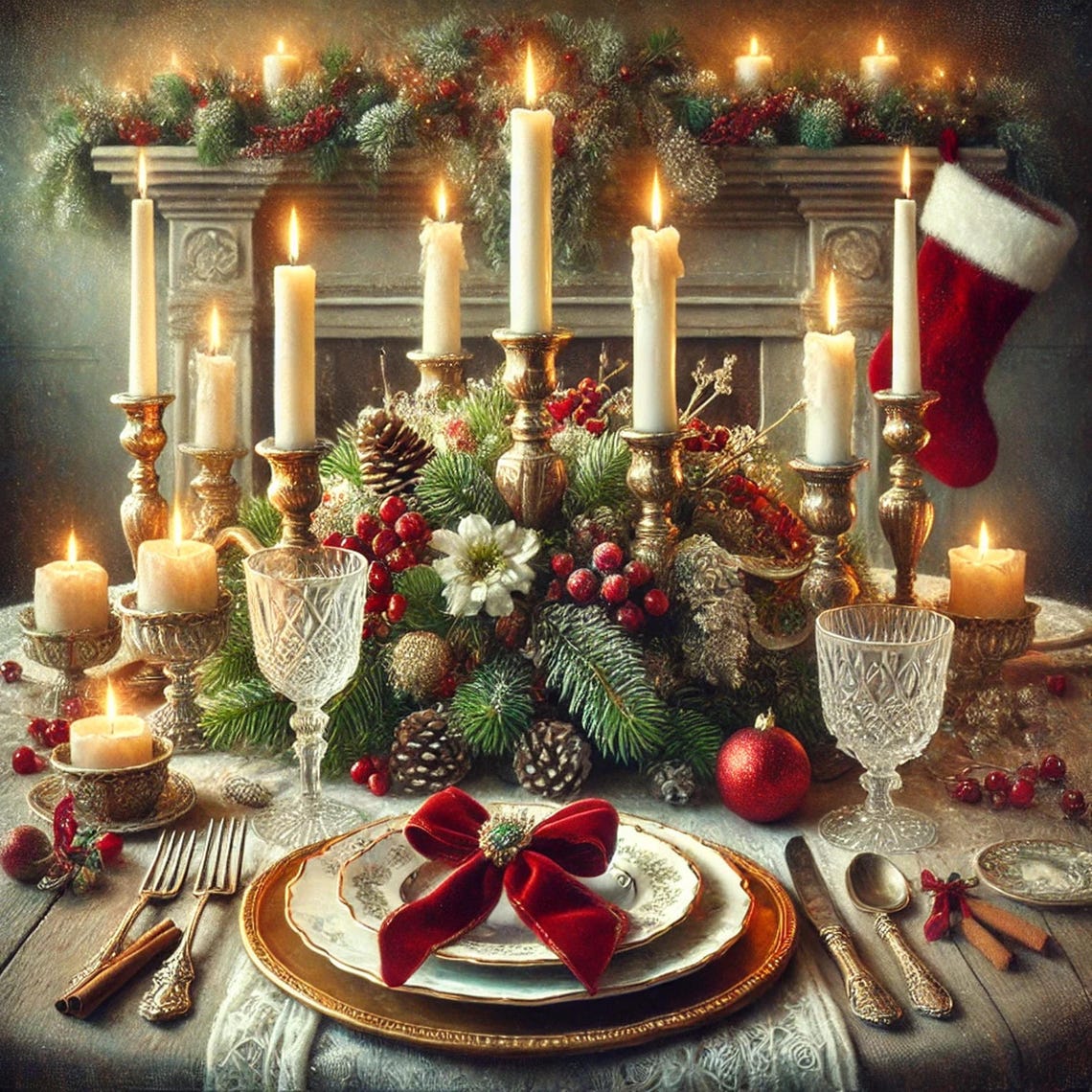 Elegant Christmas Dinner Table Candlelit Fireplace Art Print