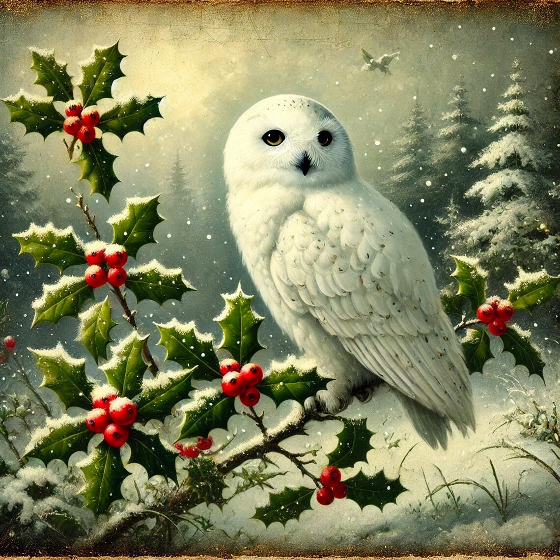 White Snowy Owl on Holly Vintage Winter Christmas Wall Art Print
