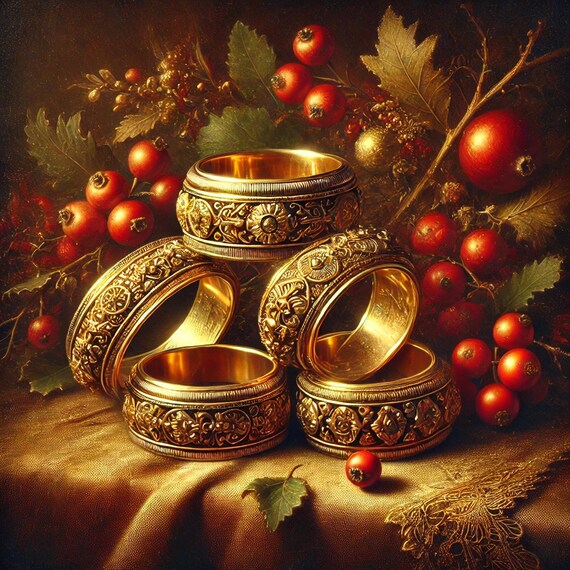 Five Golden Rings Wall Art Vintage Christmas Print Festive Holiday Decor Elegant Luxury Seasonal Botanical Art