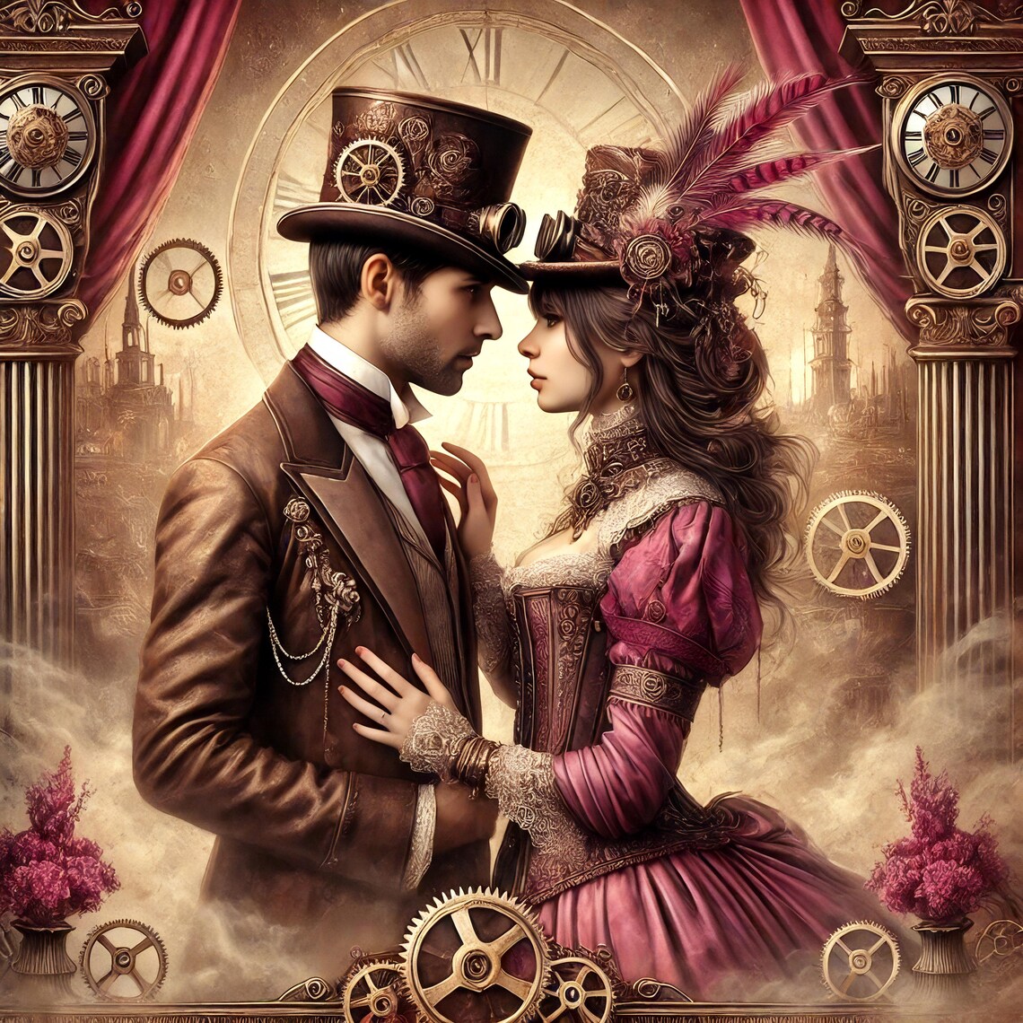 Steampunk Romance Couple Gears Clock Victorian Love Scene Poster