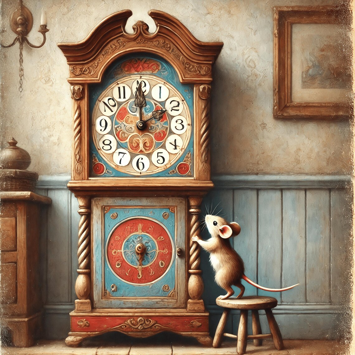 Hickory Dickory Dock Mouse And Vintage Folk Clock Nursery Poster