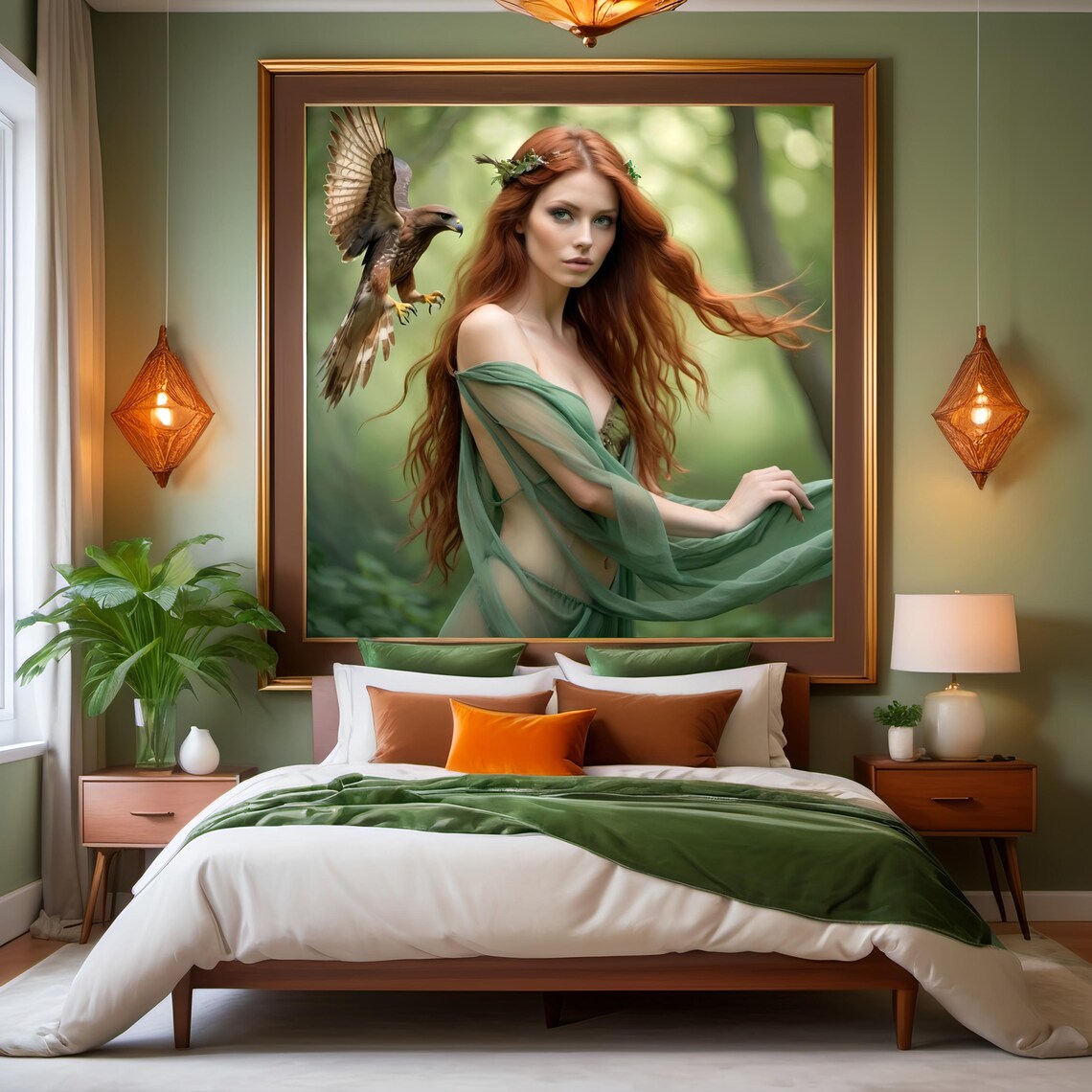 Auburn Fairy Woman with Hawk Ethereal Forest Fantasy Art Print - Image 2
