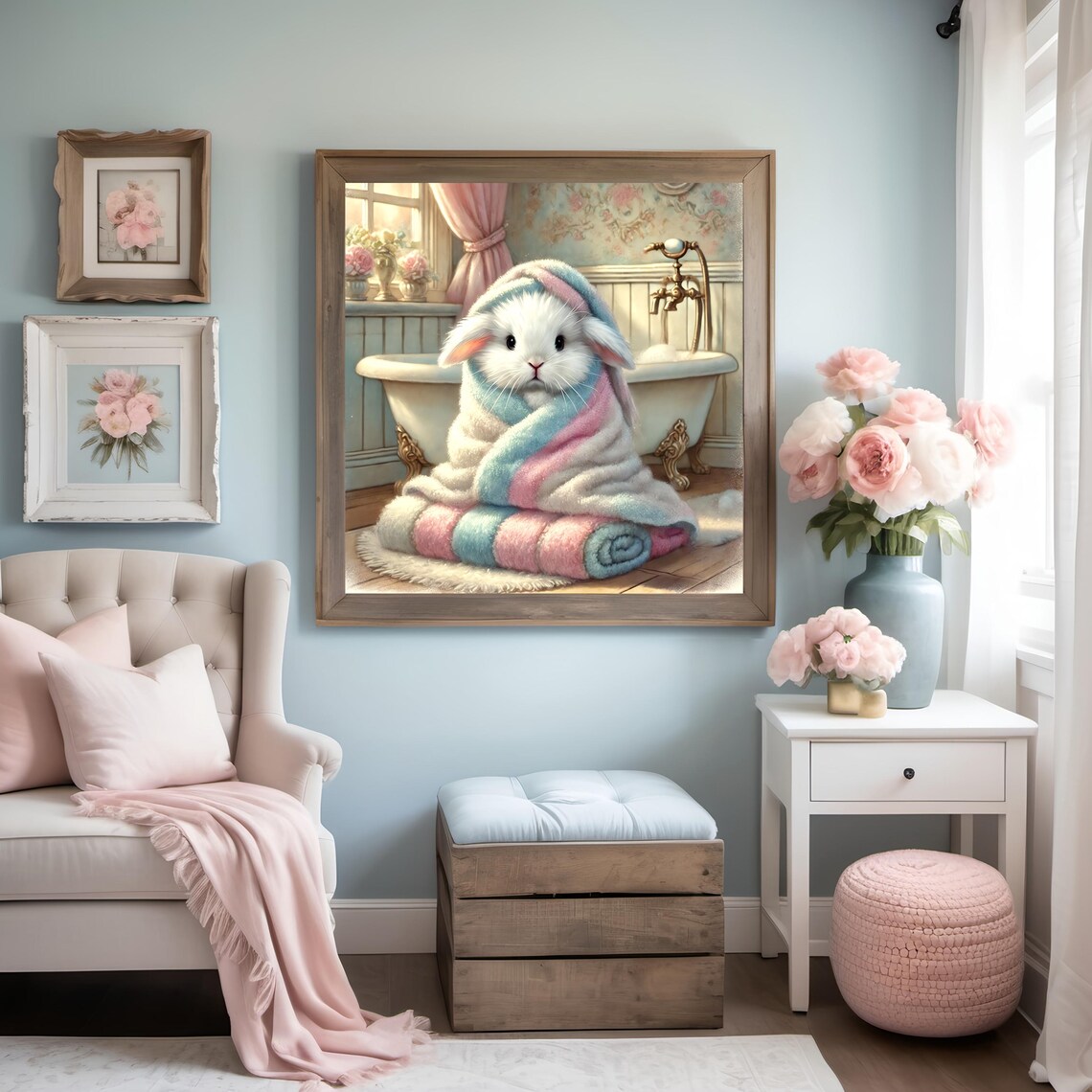 Cozy Bunny Wrapped in Towel, Nursery Art Print
