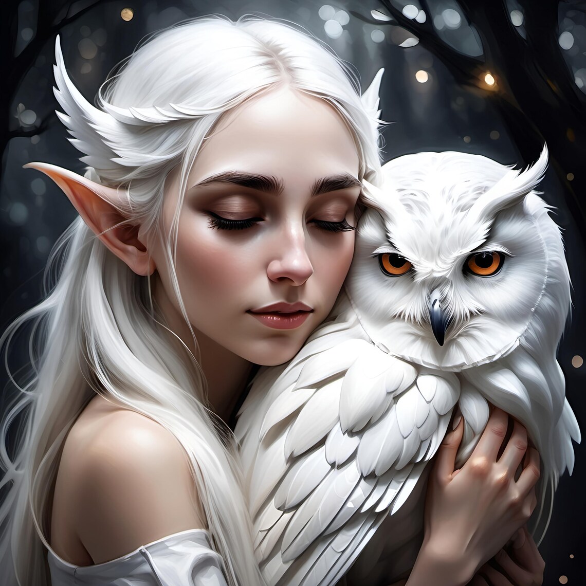 Elven Maiden With Snowy White Owl In Enchanted Winter Forest Poster