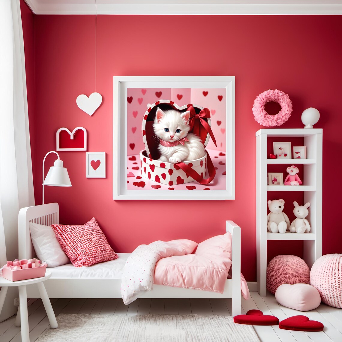Sweet White Kitten In A Heart Shaped Valentine Gift Box Art Poster - Image 2