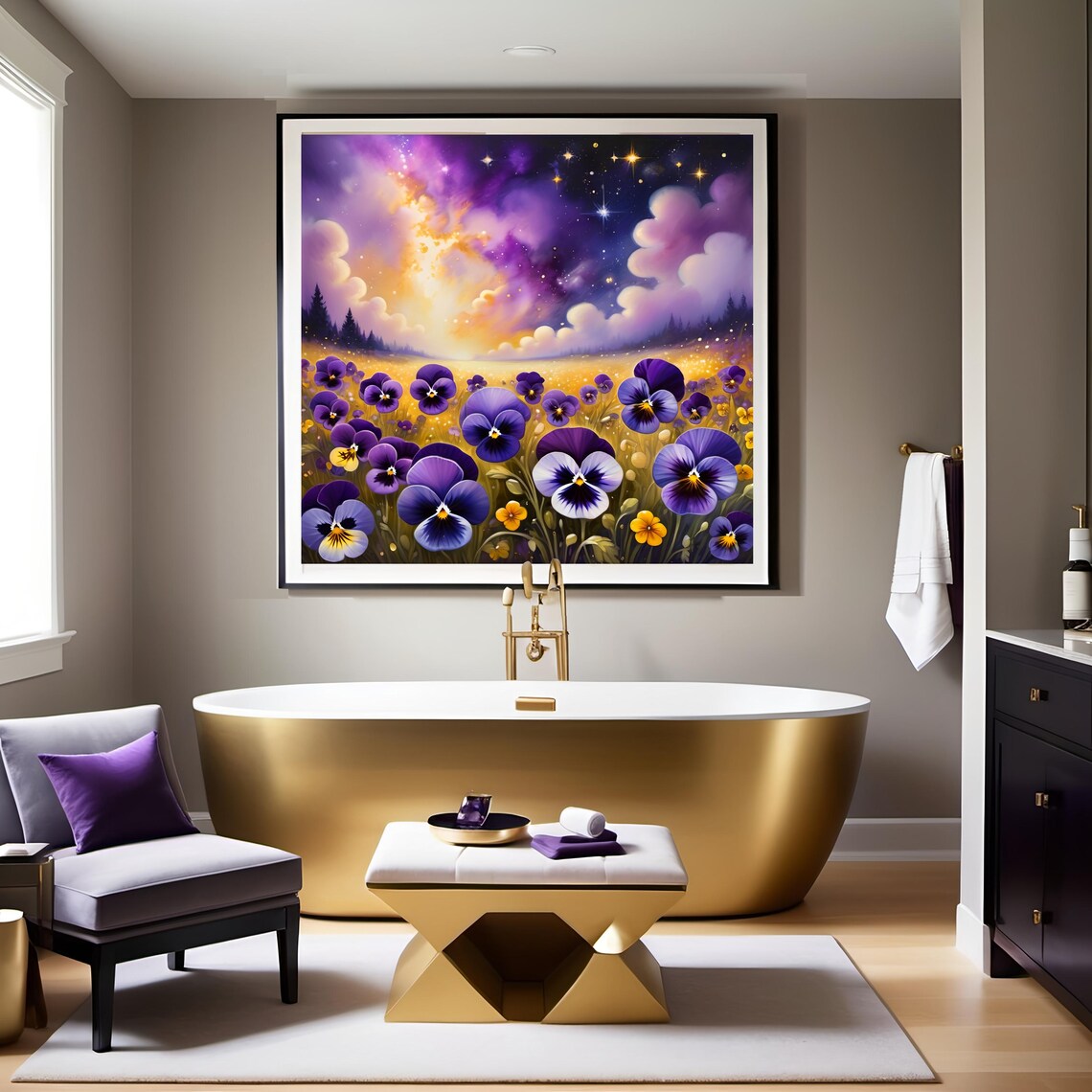 Pansy Meadow Under Starry Sky, Floral Art Print - Image 2
