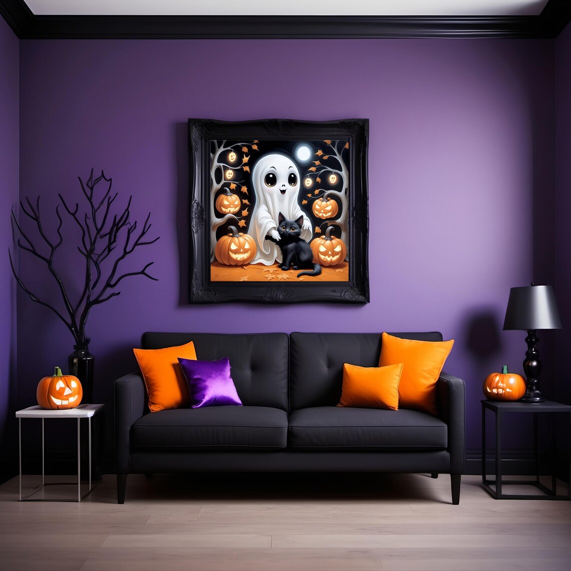 Happy Ghost With Black Cat And Jack O Lanterns On Halloween Night Poster - Image 2