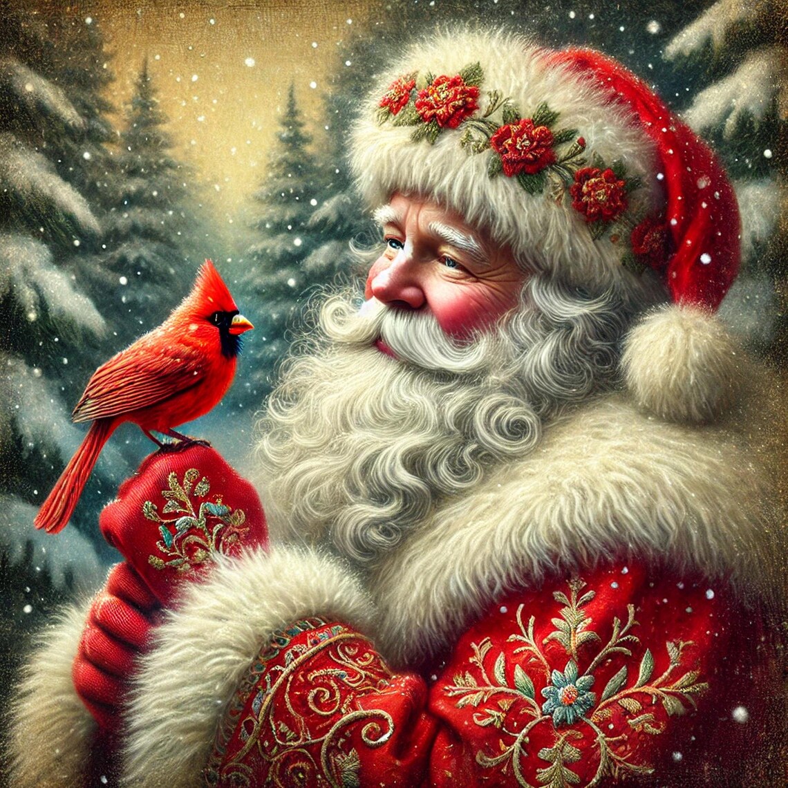 Santa Claus and Red Cardinal Perched on Glove Winter Art Print