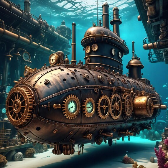 Steampunk Submarine Wall Art Vintage Nautical Print Underwater Industrial Decor Sci Fi Steampunk Art Lover Gift Idea