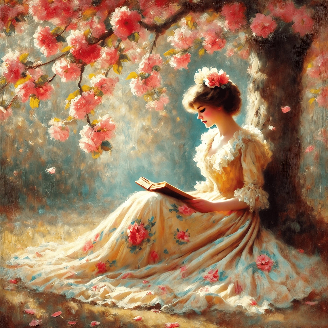 Vintage Impressionist Woman Art Print, Book Lover Nook
