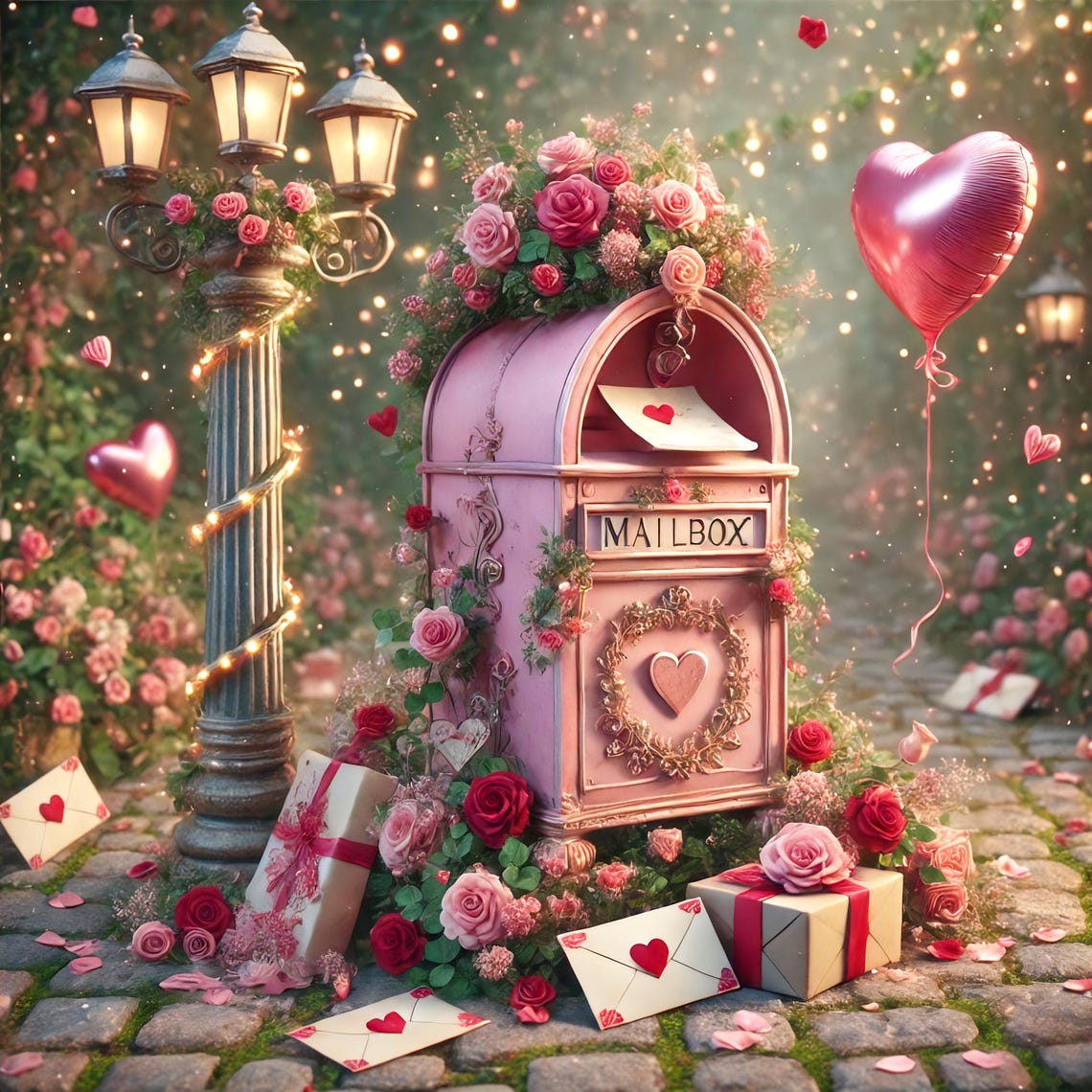 Whimsical Pink Valentine Mailbox with Roses and Love Letters Print