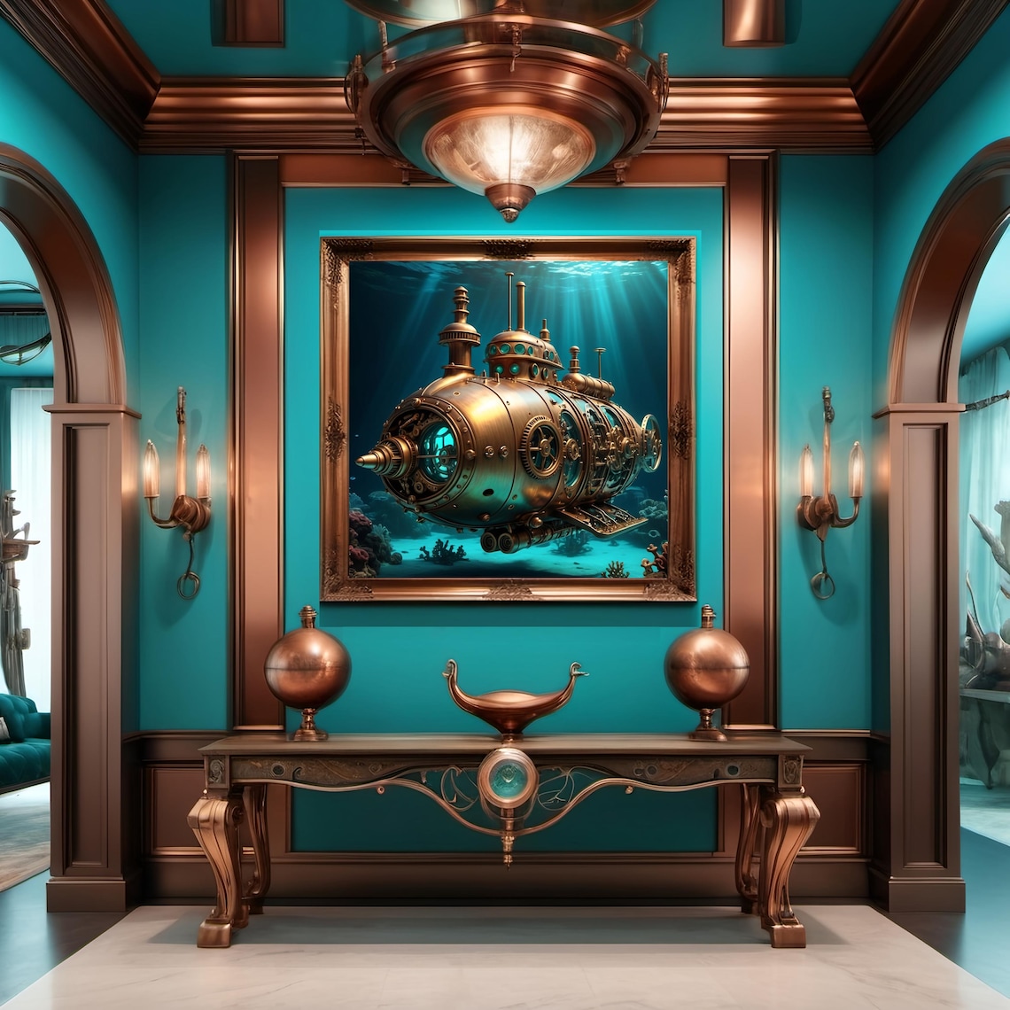 Golden Brass Steampunk Submarine in Deep Teal Ocean Art Print - Image 3