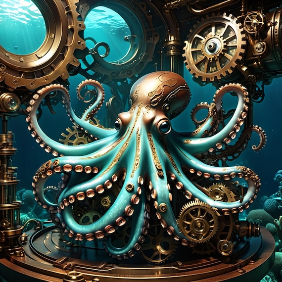 Mechanical Octopus Futuristic Ocean Art With Gears And Vintage Aesthetics Ultra Realistic 4k Steampunk Decor