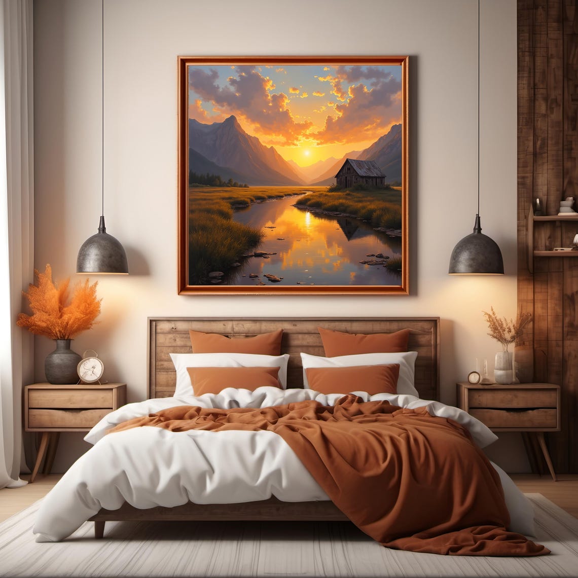 Golden Sunset Over Mountain Valley With Rustic Cabin And River Poster - Image 3