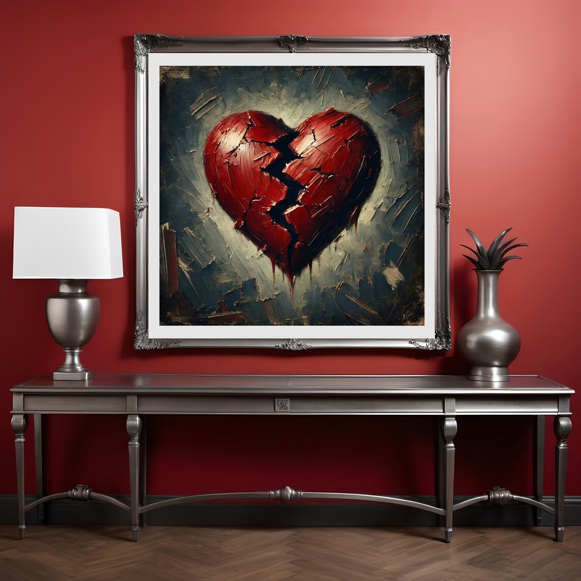Cracked Red Broken Heart Impasto Oil Painting Emotional Wall Art - Image 2