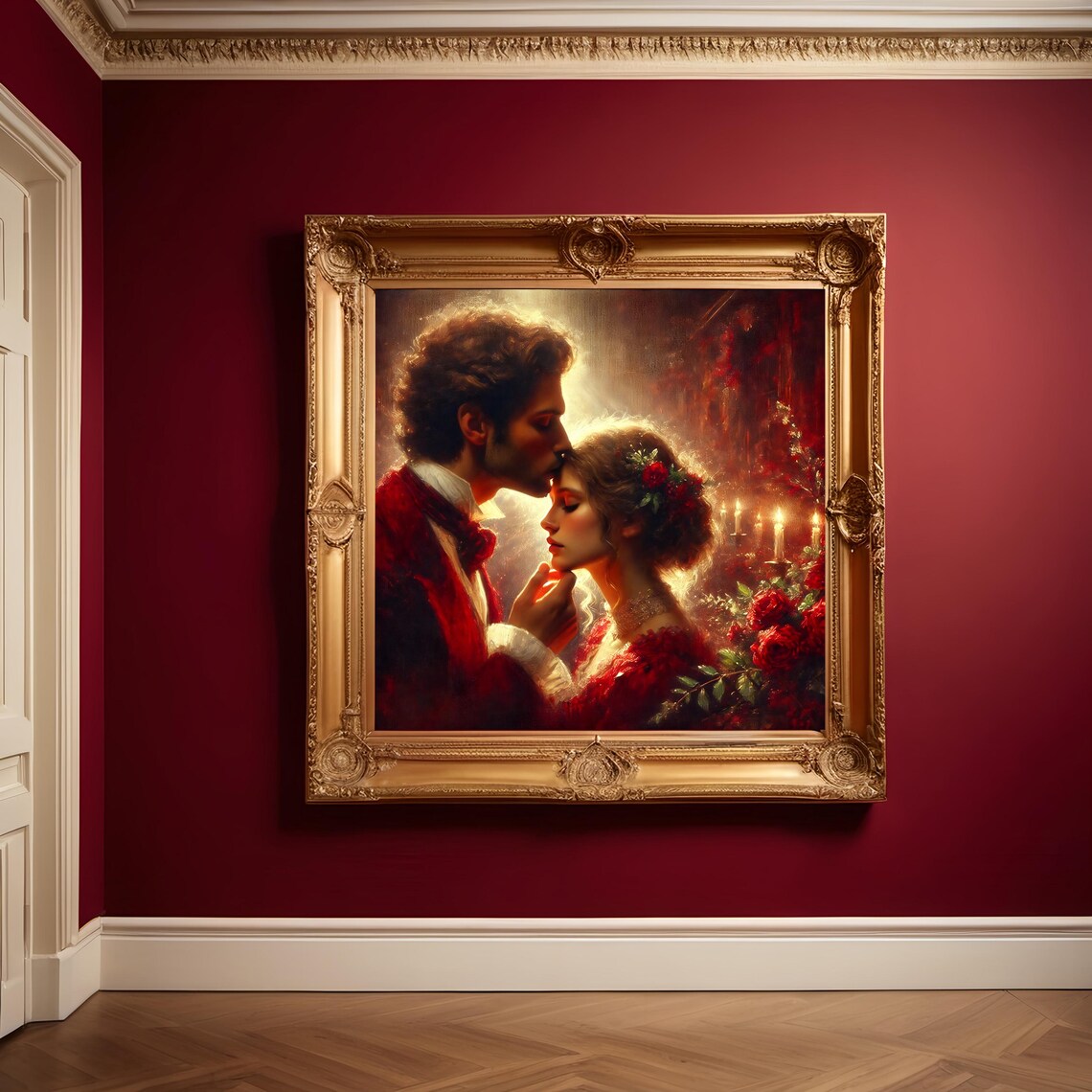 Romantic Couple Candlelit Kiss Roses Passionate Love Scene Print - Image 3