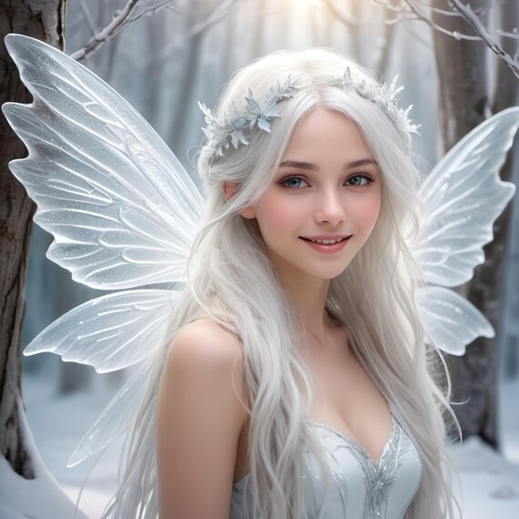 Ice Fairy In Snowy Forest Winter Fantasy Art With Shimmering Wings Magical Light Fairy Tale Decor For Home