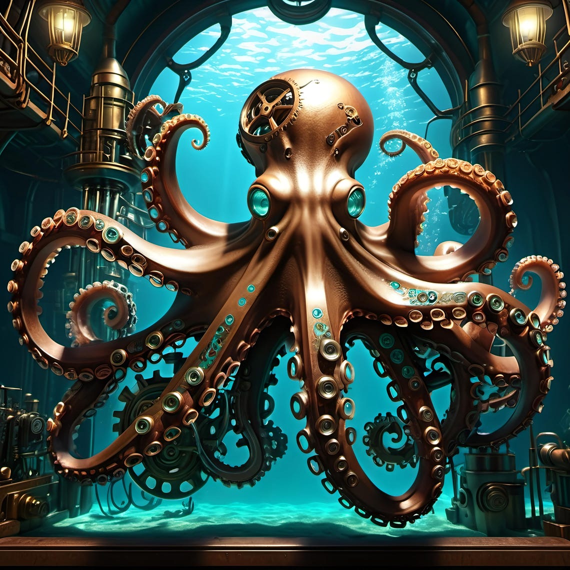Steampunk Copper Octopus Deep Underwater In Vintage Submarine Print