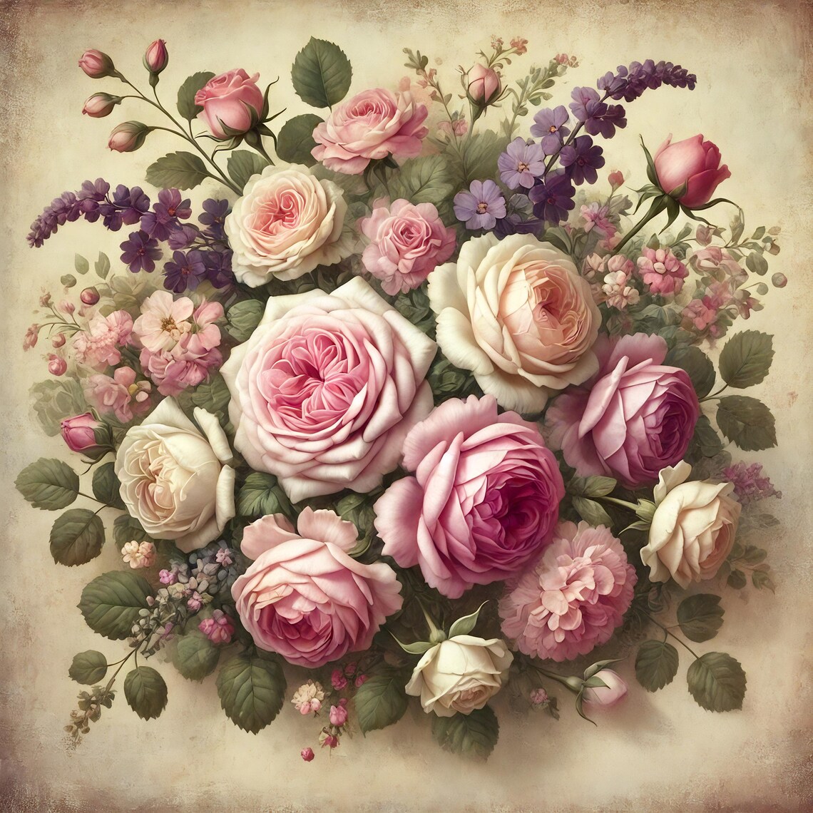 Vintage Pink Roses Violet Bouquet Antique Botanical Floral Poster