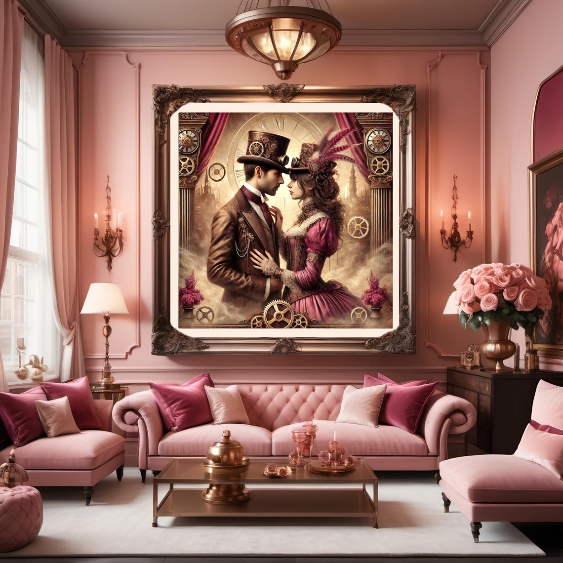 Steampunk Romance Couple Gears Clock Victorian Love Scene Poster - Image 3