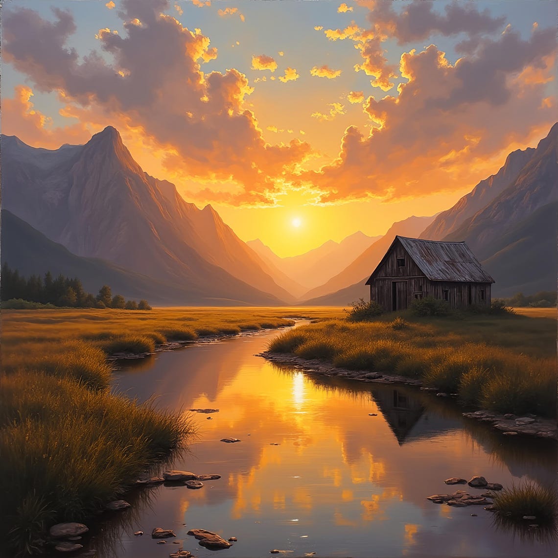Golden Sunset Over Mountain Valley With Rustic Cabin And River Poster