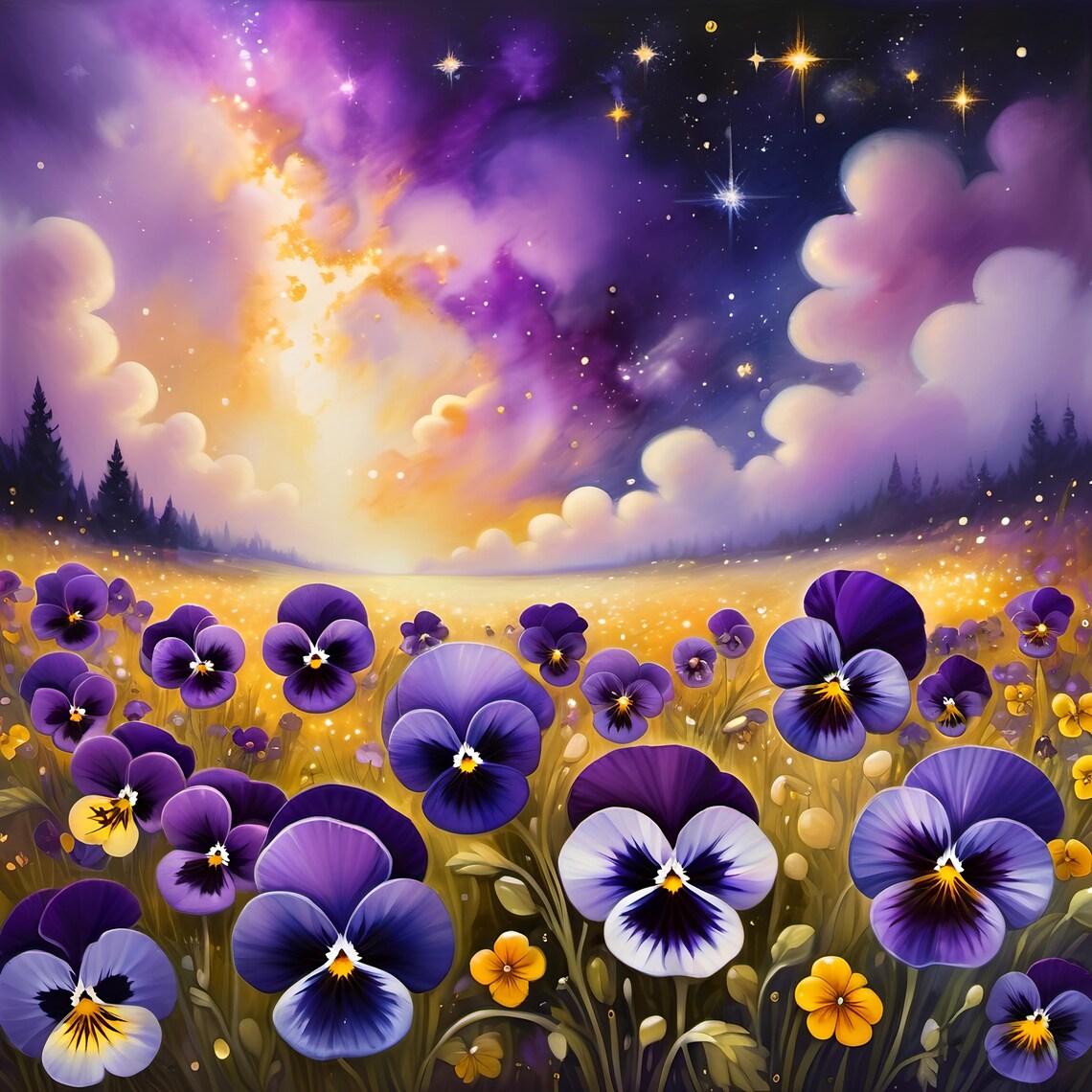 Pansy Meadow Under Starry Sky, Floral Art Print