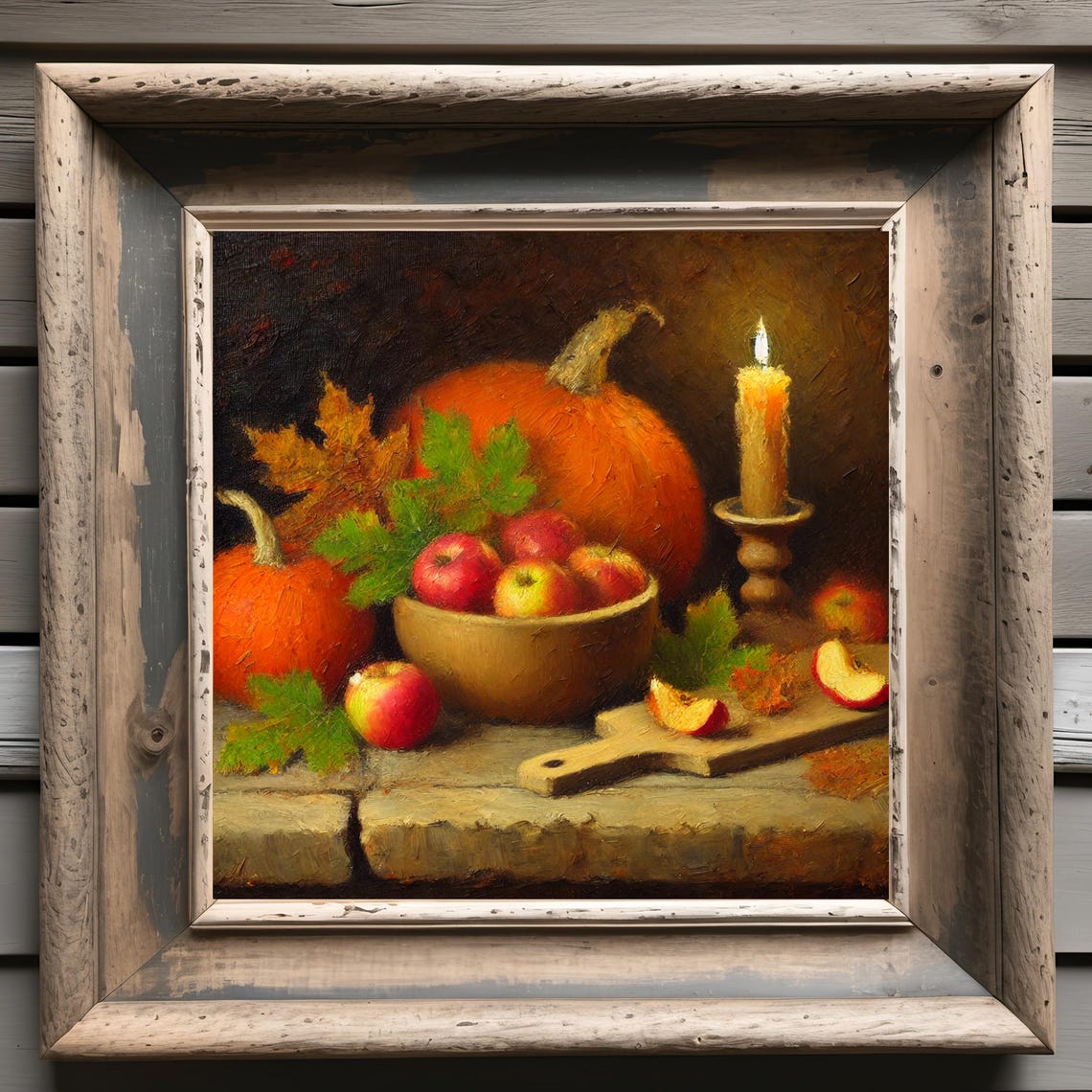 Rustic Fall Still Life Pumpkins Apples Bowl Lit Candle Dark Oil Poster - Image 3