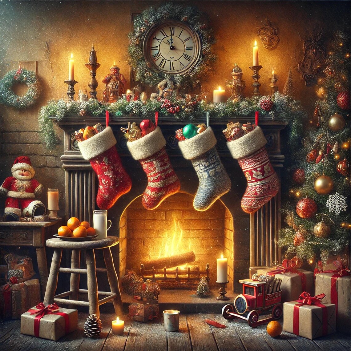 Stockings Hung By The Fireplace Santa Scene Christmas Art Poster