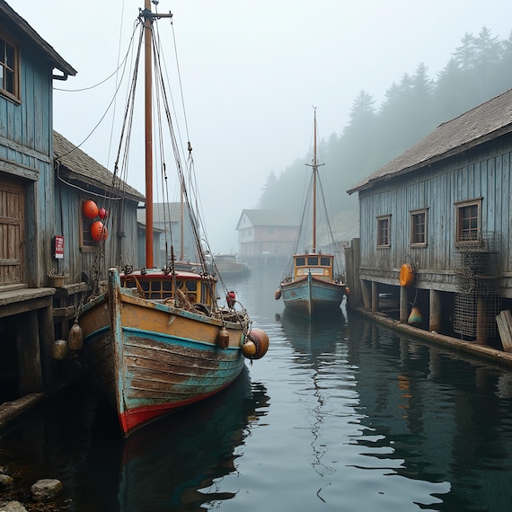 Rustic Foggy Wharf Art With Vintage Wooden Boats Serene Coastal Wall Decor Misty Nautical Scene Weathered Dock Artwork High Detail Print