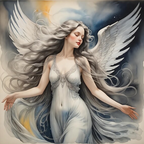 Celestial Angel Silver Wings Ethereal Night Sky Watercolor Print