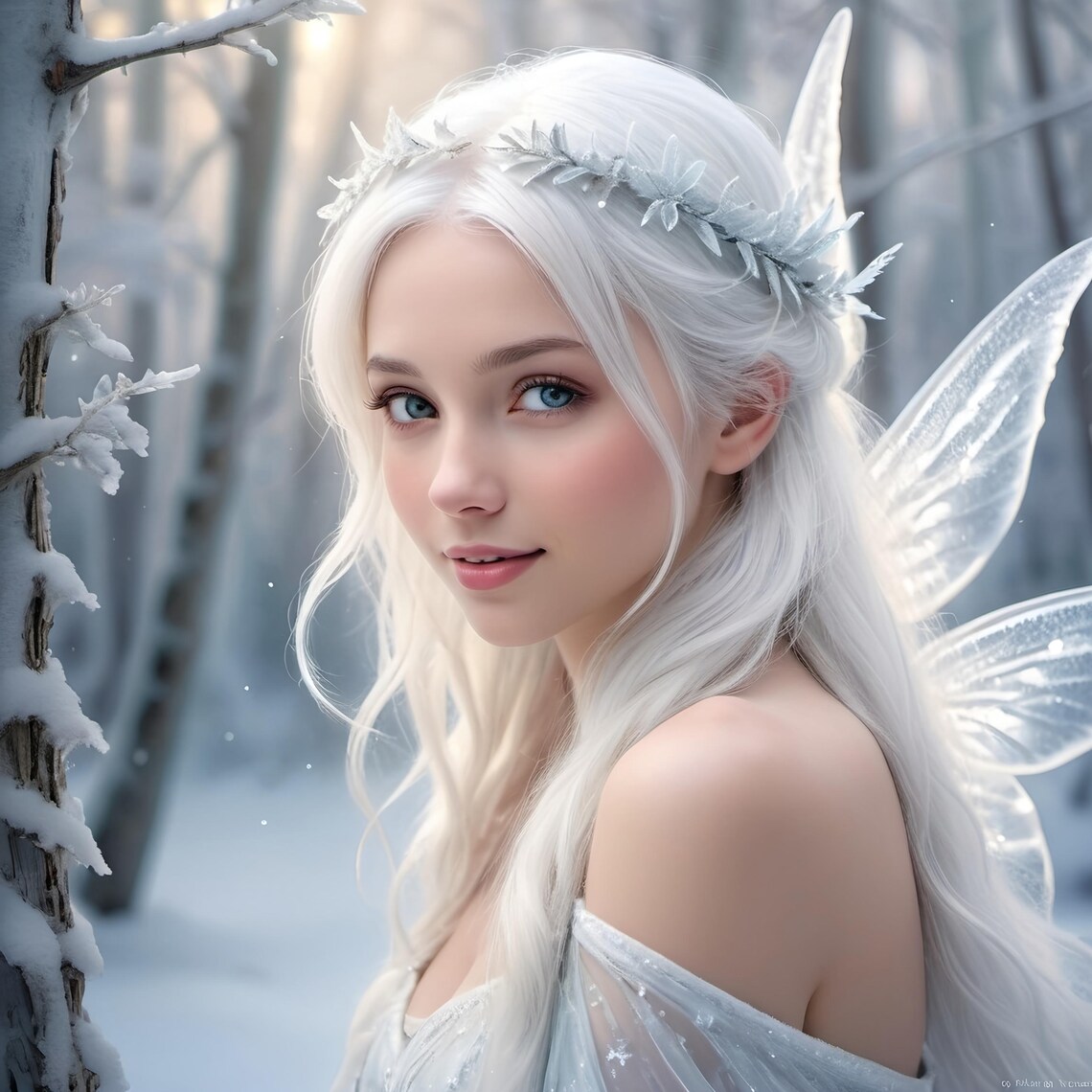 Ice Fairy Portrait Snowy Forest Frost Crown Clear Wings Fantasy Poster