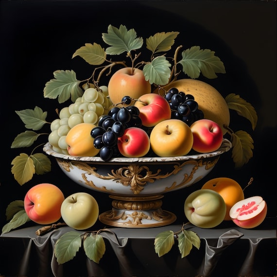 Rococo Fruit Bowl Still Life Art Print Flemish Baroque Fruit Painting Vintage Fruit Bowl Wall Art Ornate Still Life