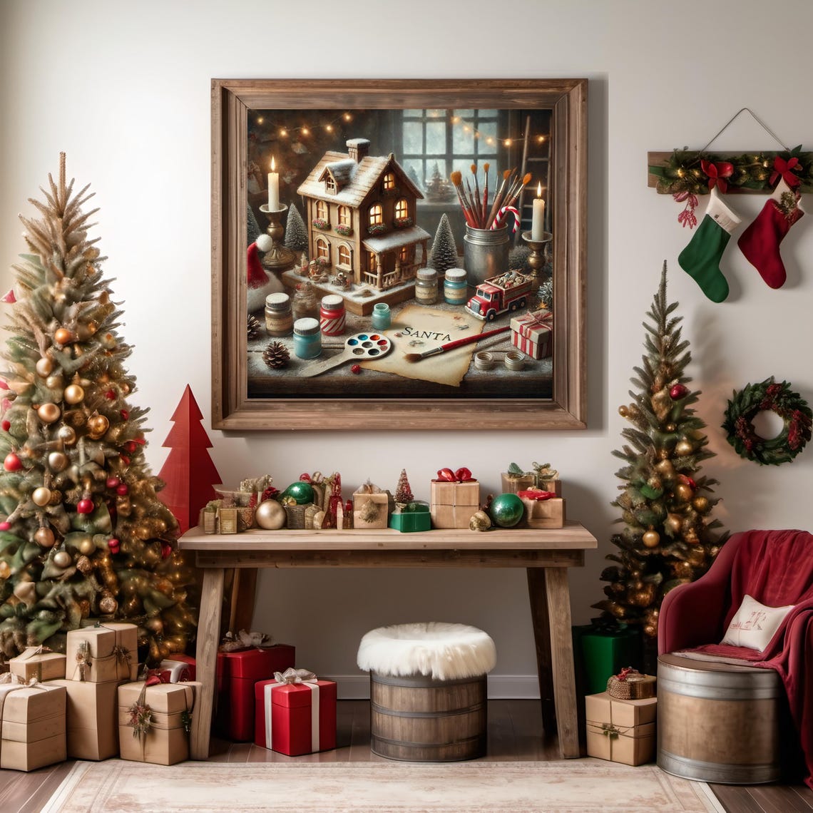 Santas Workshop Miniature Snowy Cottage Paint Still Life Print - Image 2