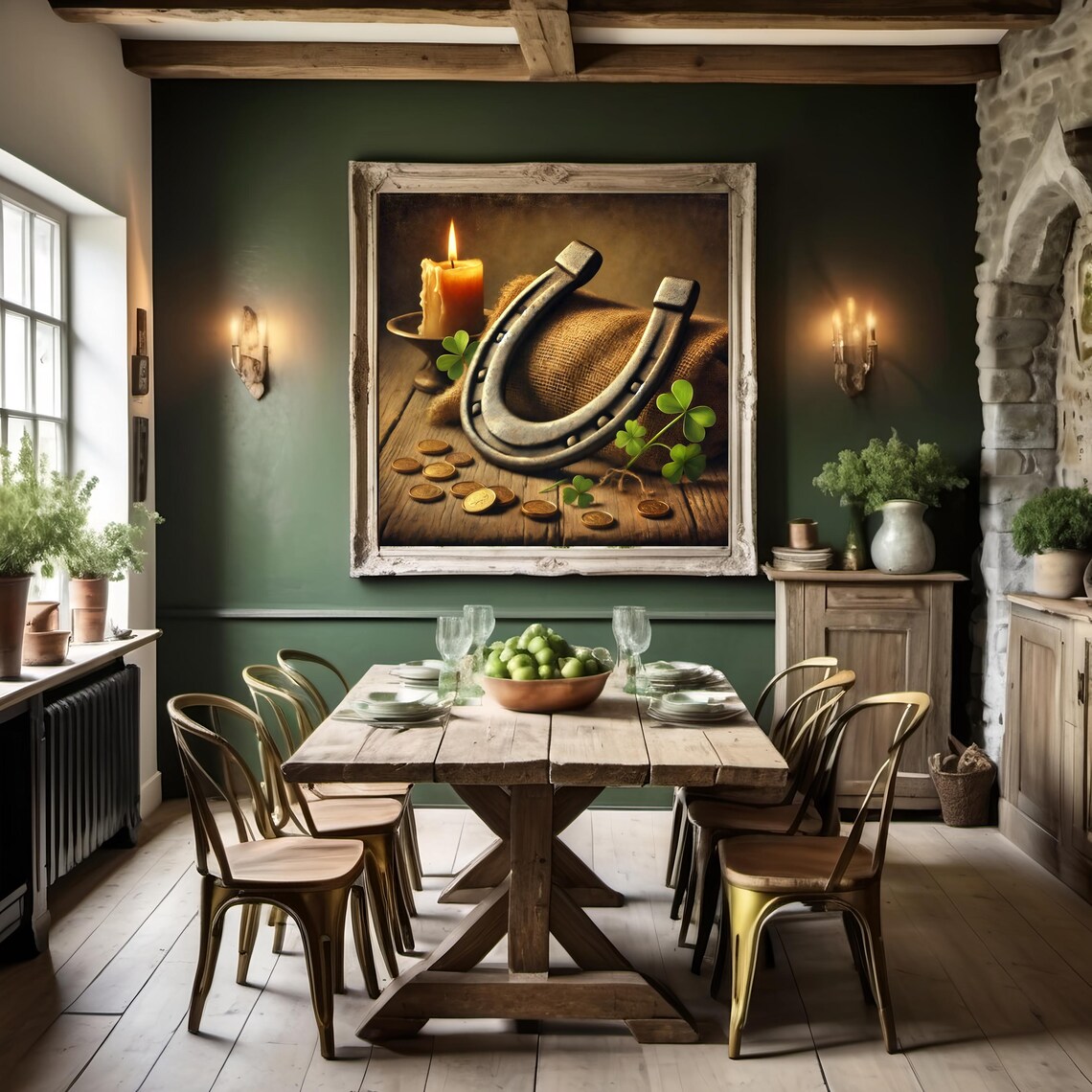 Lucky Horseshoe Gold Coins Shamrock Candle Rustic Still Life Poster - Image 3
