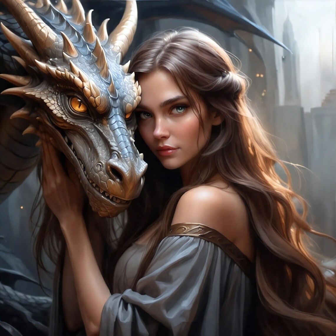 Sorceress and Dragon, Mystical Fantasy Art Print