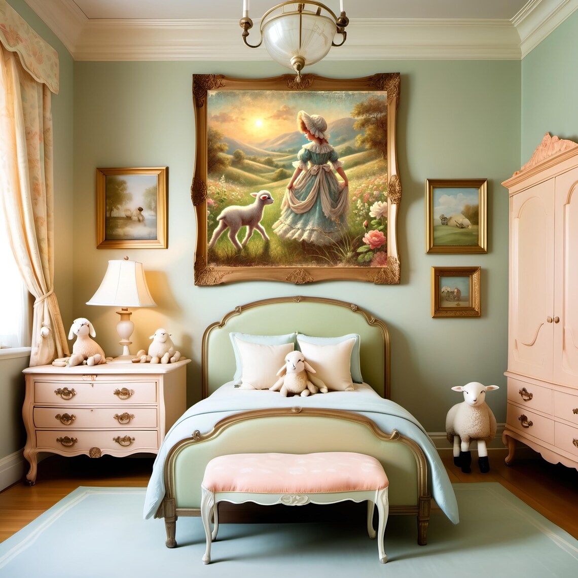Mary Had A Little Lamb Golden Sunset Meadow Stroll Art Poster - Image 3