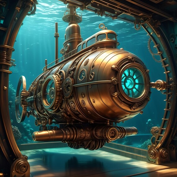 Steampunk Submarine Wall Art Vintage Nautical Print Underwater Industrial Decor Sci Fi Steampunk Art Lover Gift Idea